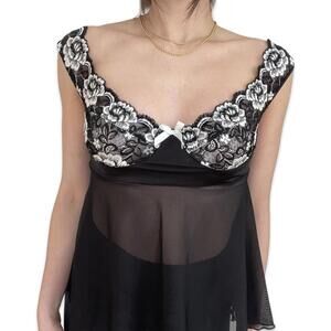 Vintage 1990s Black and White Sheer Babydoll Top Size US Small
